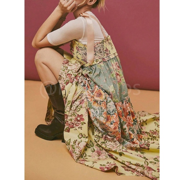 Floral Boho Maxi Flared Dress Shoulder Ties Smocked Shirred Bodice - Picture 3 of 12